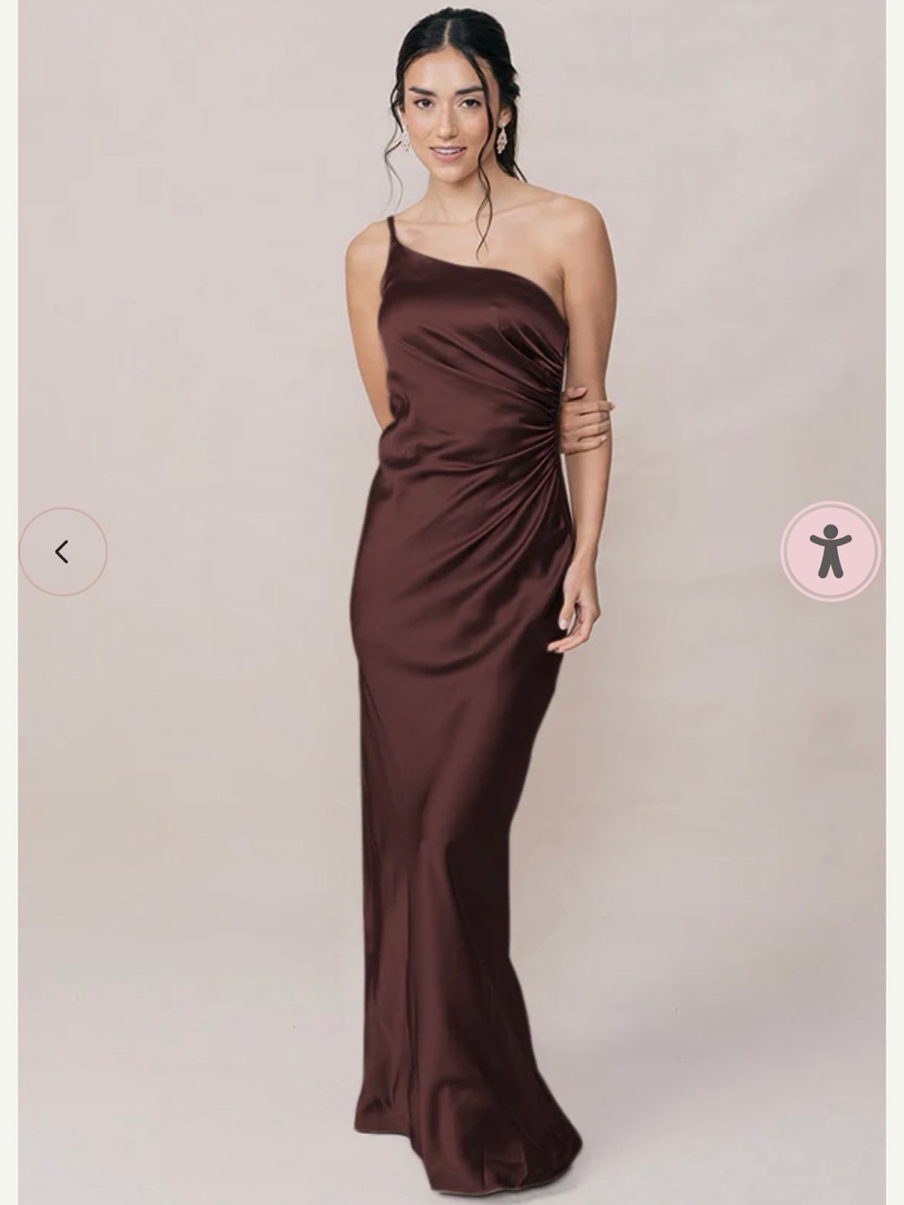 Revelry Jade One-Shoulder Satin Dress in Mahogany- Unaltered